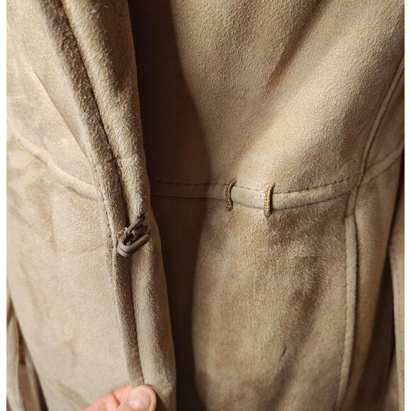 Leder Fischer Shearling Coat Womens Small Tan Suede Hooded Fur Trim Belted Long - Picture 10 of 16